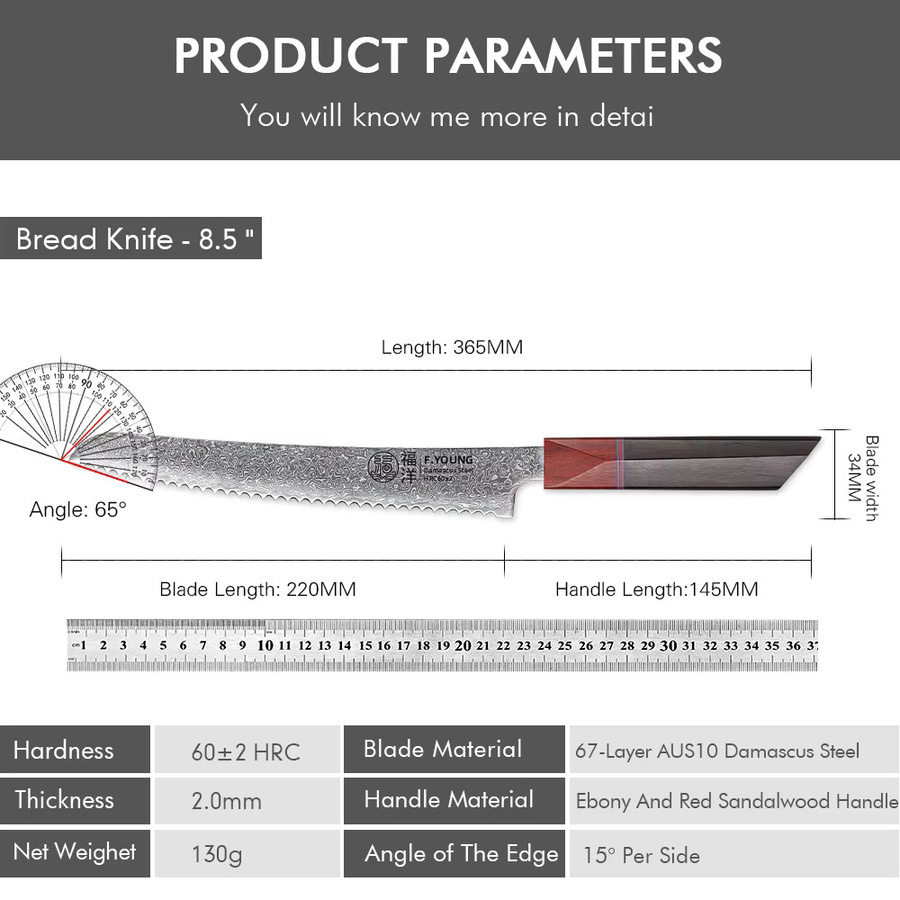 F.YOUNG Professionelles gezahntes Brotmesser aus Damaststahl mit Holzgriff, 21,59 cm - Bild 5