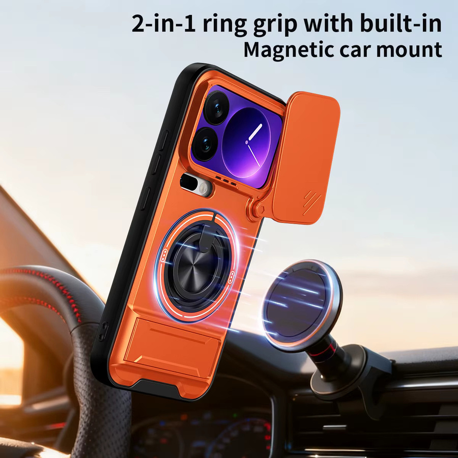 Stoßfeste Panzer-Handyhülle für Xiaomi 17 Pro Max 5G und 17 Ultra mit Kameraschutz, aufklappbarem Ständer und magnetischer Abdeckung in Schwarz und Orange - Bild 3