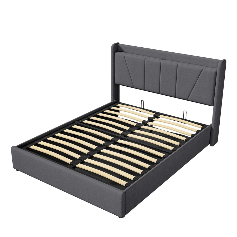 PXloue Doppelbett Bettgestell in Grau mit USB-Ladefunktion und Stauraum durch Lift-up-Funktion, B/T/H: 140-160 x 200 x 147 cm - Bild 2