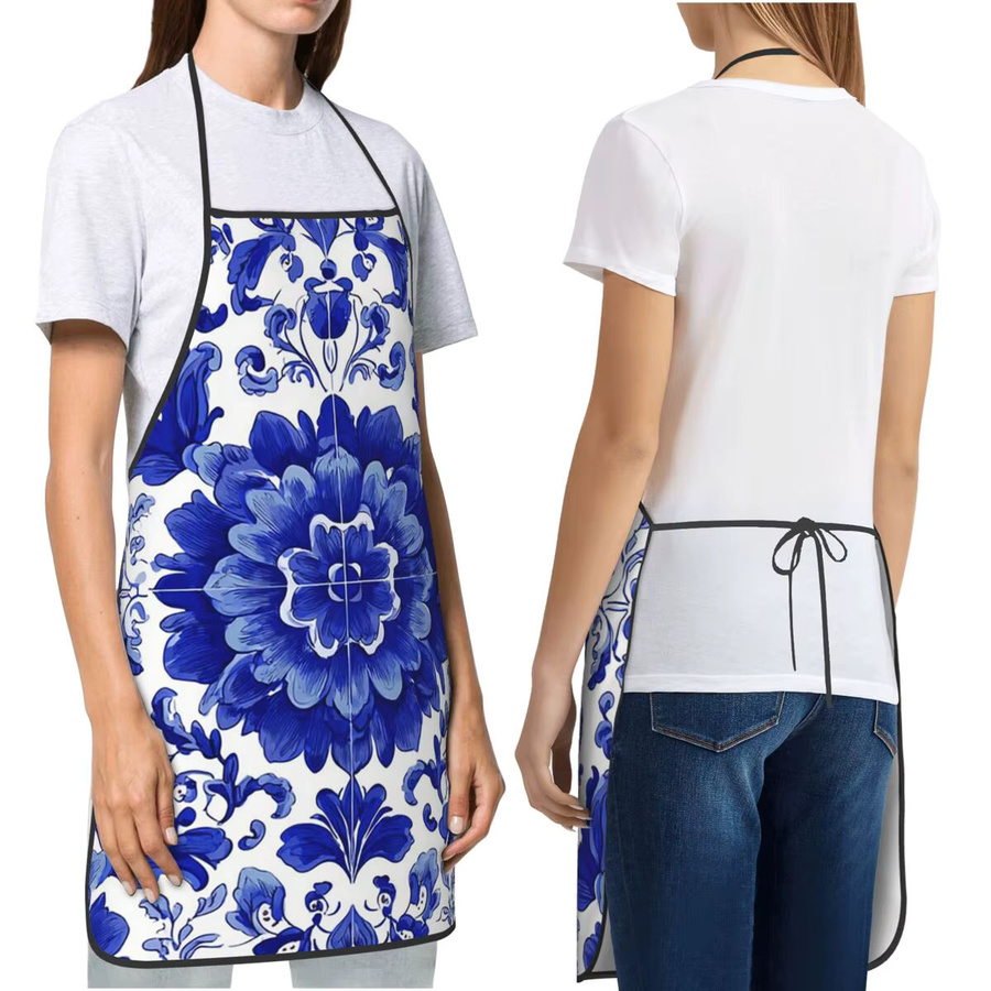 Unisex Küchenschürze mit blauem Delfte-Fliesenmuster und Vintage-Blumenprint - Bild 2