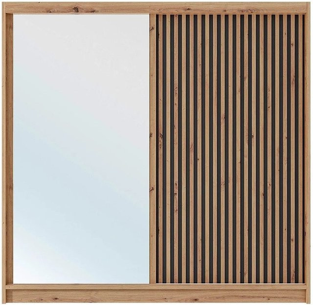 Calowi Kleiderschrank mit Schiebetüren und Spiegel in Natur, Schwarz und Beige, B: 203 cm, H: 215 cm, T: 60,5 cm - Bild 1