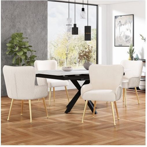 MUVOE Esszimmerstuhl Set mit 4 Stück in Beige aus Samt mit Armlehnen und verstellbaren goldfarbenen Metallbeinen - Bild 1