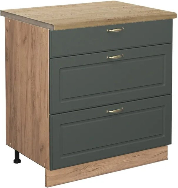 Vicco Küchenunterschrank Fame-Line in Eiche mit 3 Soft-Close-Schubladen, Landhausstil, Grün-Gold-Braun, Breite: 80 cm, Höhe: 82 cm, Tiefe: 60 cm - Bild 1