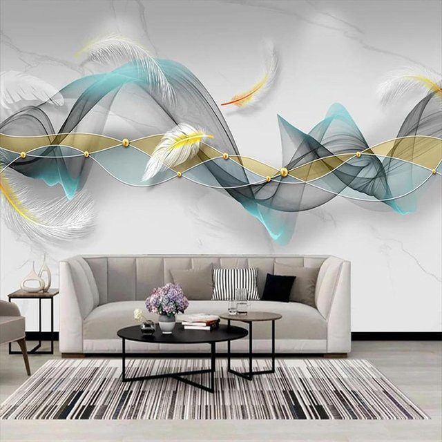 KOMNNI 3D Wandbild Federn und Marmor als abnehmbare Tapete in Multicolour, B: 300 cm, H: 200 cm - Bild 1