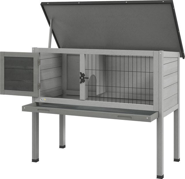 PawHut Hasenstall aus Tannenholz in Grau mit aufklappbarem Dach für Kaninchen und Meerschweinchen, B/T/H: 84 x 43 x 70 cm - Bild 1