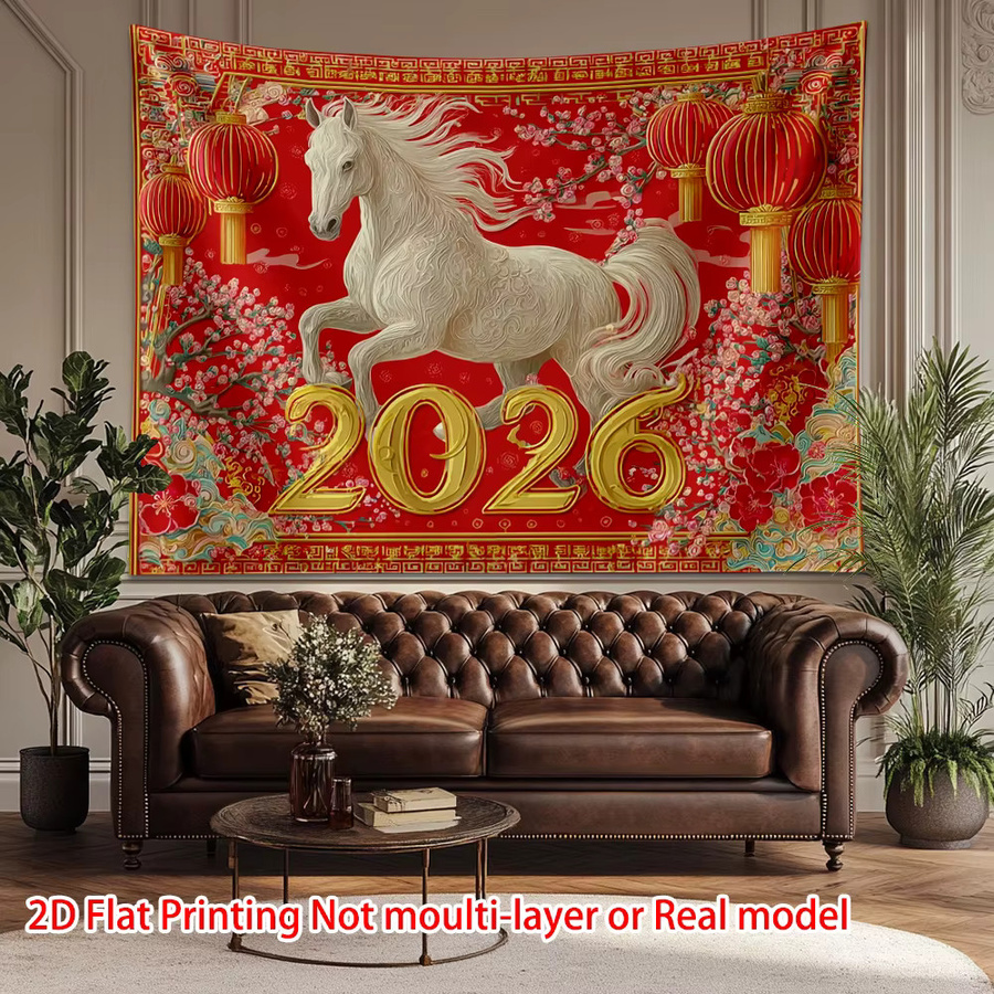 VIKAMA Wandteppich Jahr des Pferdes 2026 mit floralem Design und Tierillustration in Rot, B/H: 60 x 40 cm - Bild 2