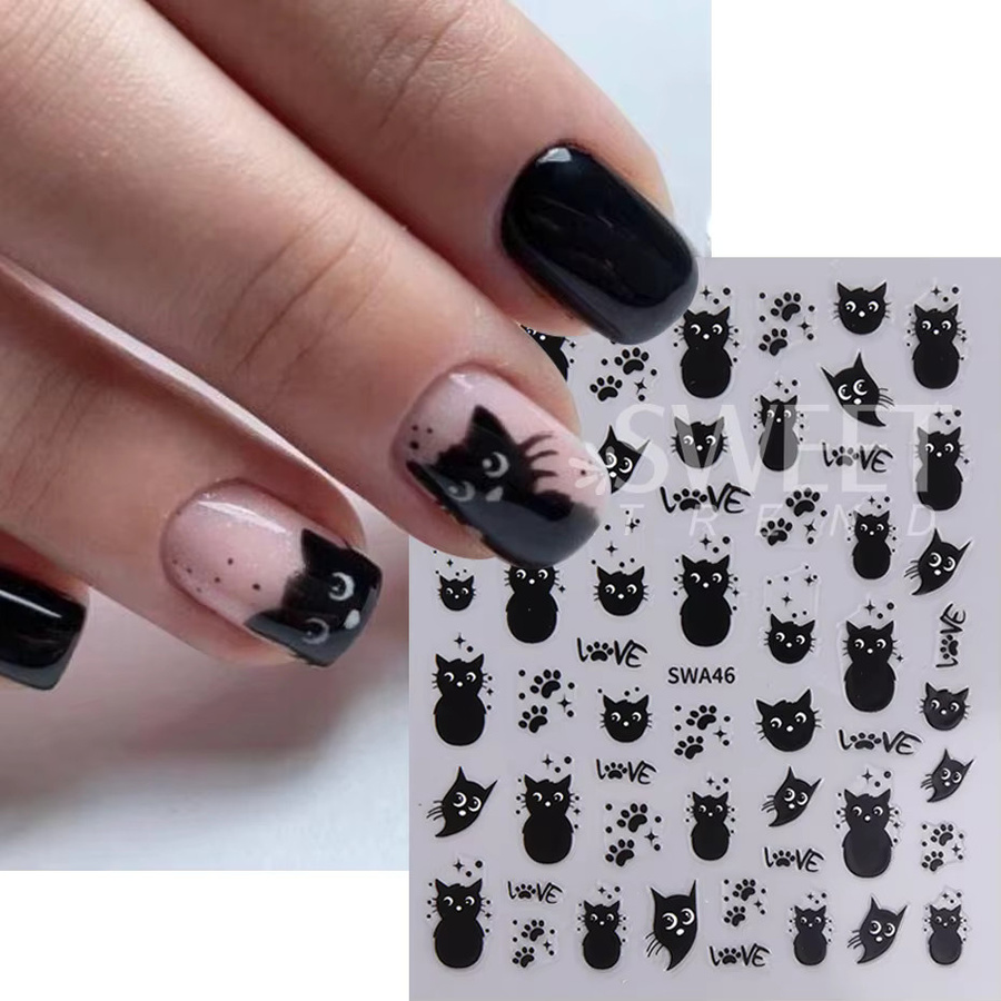 Schwarze Katze Nagelaufkleber, Cartoon Tier Design, 2 Stück - Bild 1