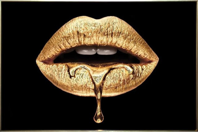 Art Universe Modernes Glasbild Goldene Lippen in Gold, B: 80 cm, H: 120 cm - Bild 1