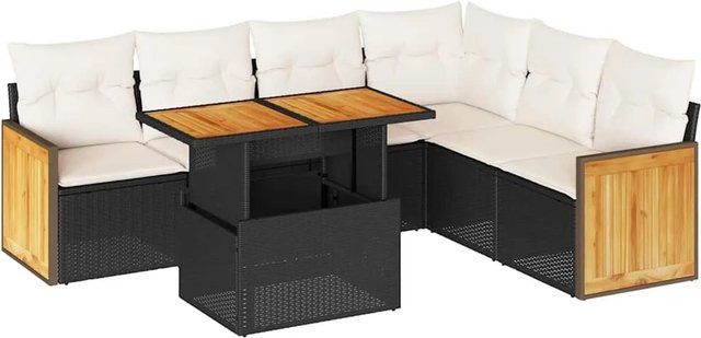 vidaXL 7-teilige Garten-Sofagarnitur in L-Form aus Polyrattan und Akazienholz mit Kissen in Schwarz-Creme - Bild 1