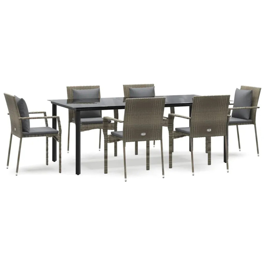 vidaXL 7-teilige Garten-Essgruppe aus Poly Rattan mit Kissen und Tisch aus gehärtetem Glas in Schwarz und Grau - Bild 2