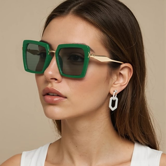 YuYing Sonnenbrille, quadratisch, Vollrand, grün, gold, Damen - Bild 1