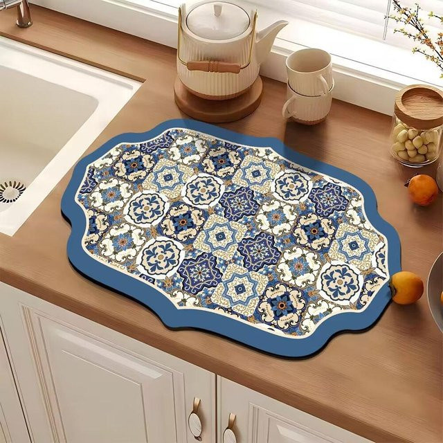 Yiran Furniture Saugfähige Diatomeenerde Ablauflochmatte mit Vintage-Blumenmuster in Blau, B/T: 60 x 40 cm - Bild 1