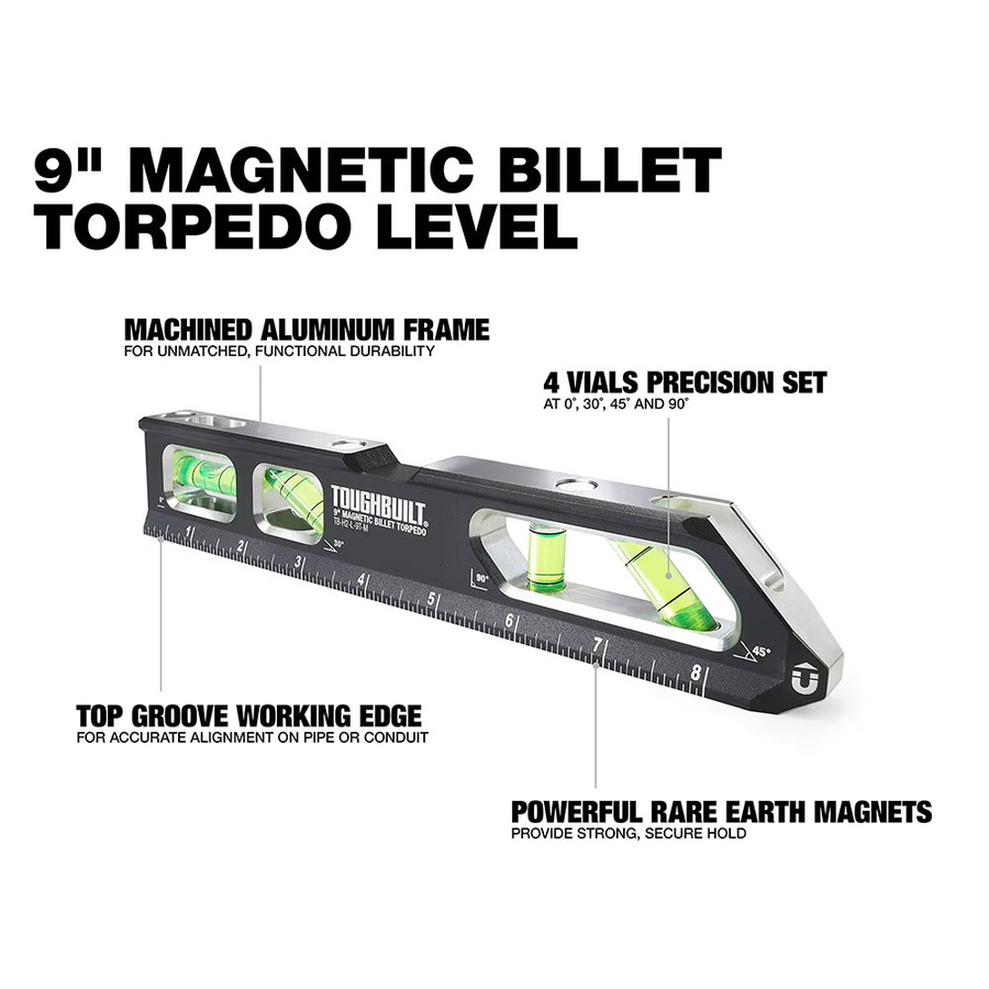 TOUGHBUILT Magnetische 9-Zoll-Torpedo-Wasserwaage aus Aluminium mit Präzisionsfläschchen - Bild 5