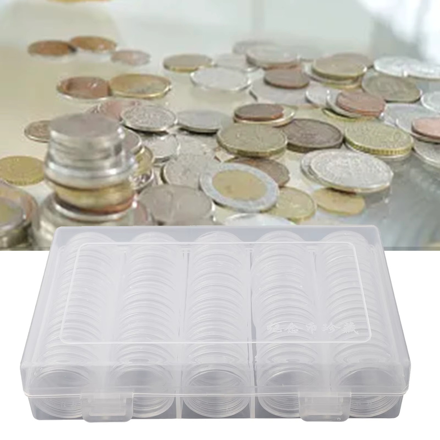 Set aus 100 transparenten Münzkapseln mit 27 mm Durchmesser und einer passenden Kunststoff-Aufbewahrungsbox zur Organisation deiner Münzsammlung - Bild 2