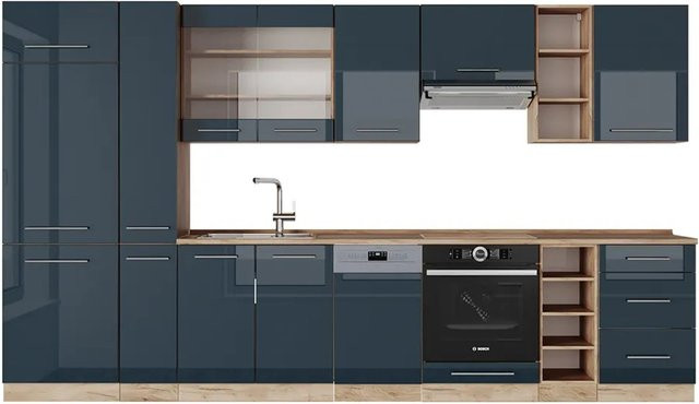 Vicco Fame-Line Küchenzeile Dunkelblau Hochglanz und Goldkraft Eiche, Breite: 355 cm - Bild 1
