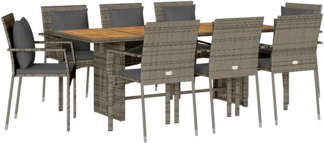 vidaXL 7-teilige Garten-Essgruppe aus Poly-Rattan und Akazienholz mit Kissen in Grau - Bild 1