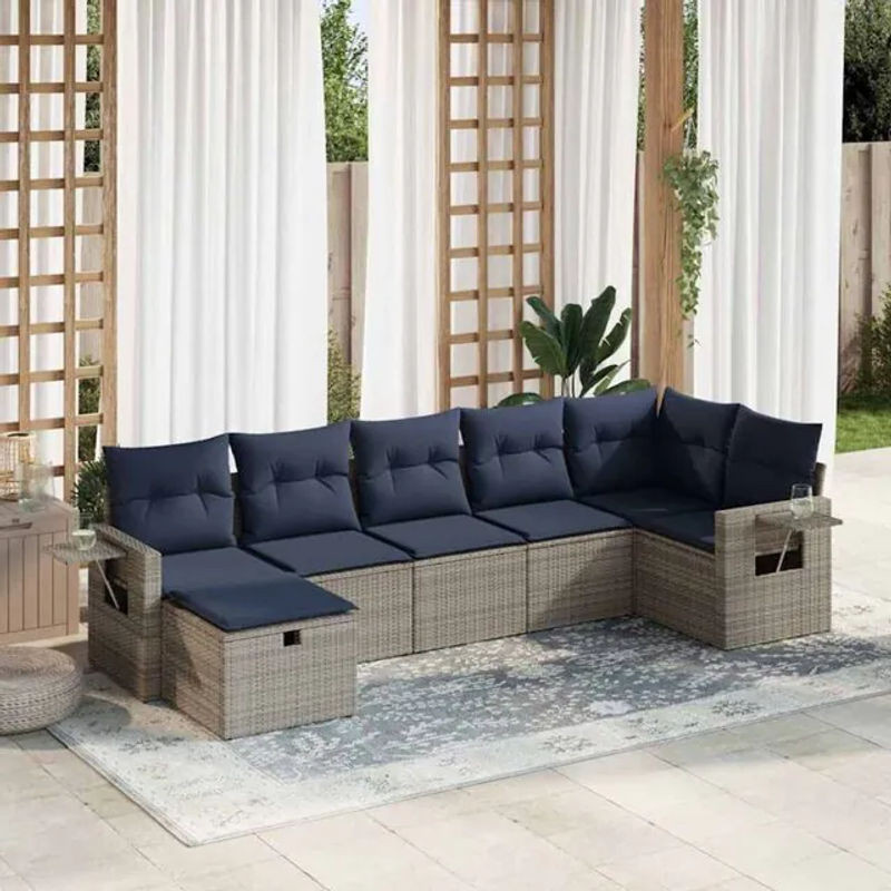 7-teilige moderne Garten-Sofagarnitur mit Kissen aus grauem Poly-Rattan von vidaxl - Bild 1
