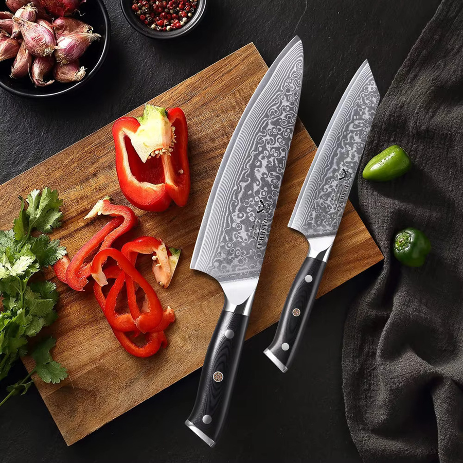 DASHWAY 2er-Set professionelle japanische Küchenmesser aus 67-lagigem Damaststahl, Bunka und Kiritsuke, Farbe: Silber - Bild 2