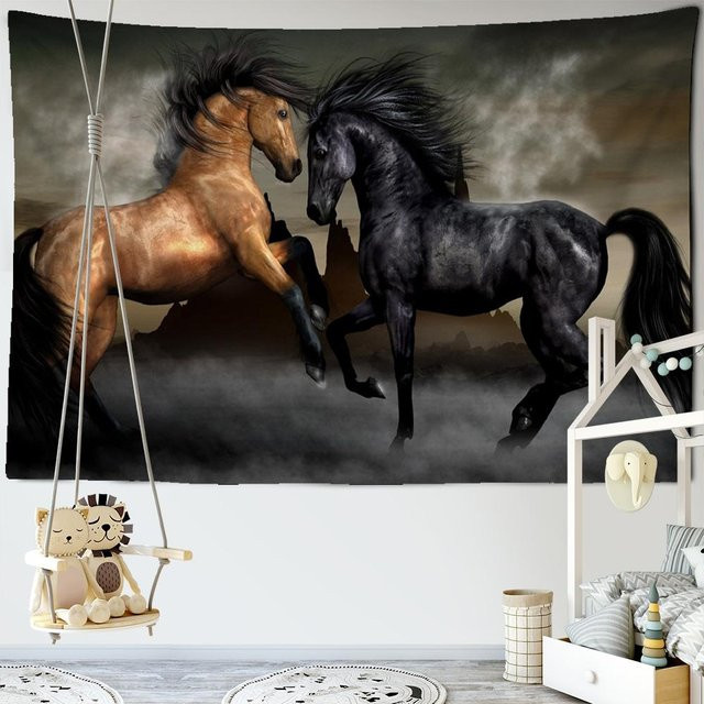 Wandbehang Super Six mit Pentium-Pferdedruck in Schwarz und Multicolour, Boho-Stil Wandteppich mit 3D-Digitaldruck, Breite: 95 cm, Höhe: 70 cm - Bild 1