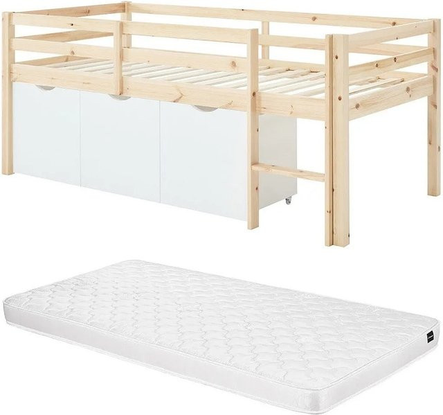 Halbhochbett LANIORI für Kinder aus Kiefer und MDF in Naturfarben Hell und Weiß, B/T: 90 x 190 cm - Bild 1