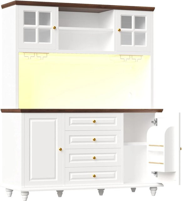 Merax Highboard Küchenschrank mit RGB-LED, Weinglashalter und verstellbaren Böden, Weiß, B/T/H: 69,0 x 40,0 x 179,5 cm - Bild 1