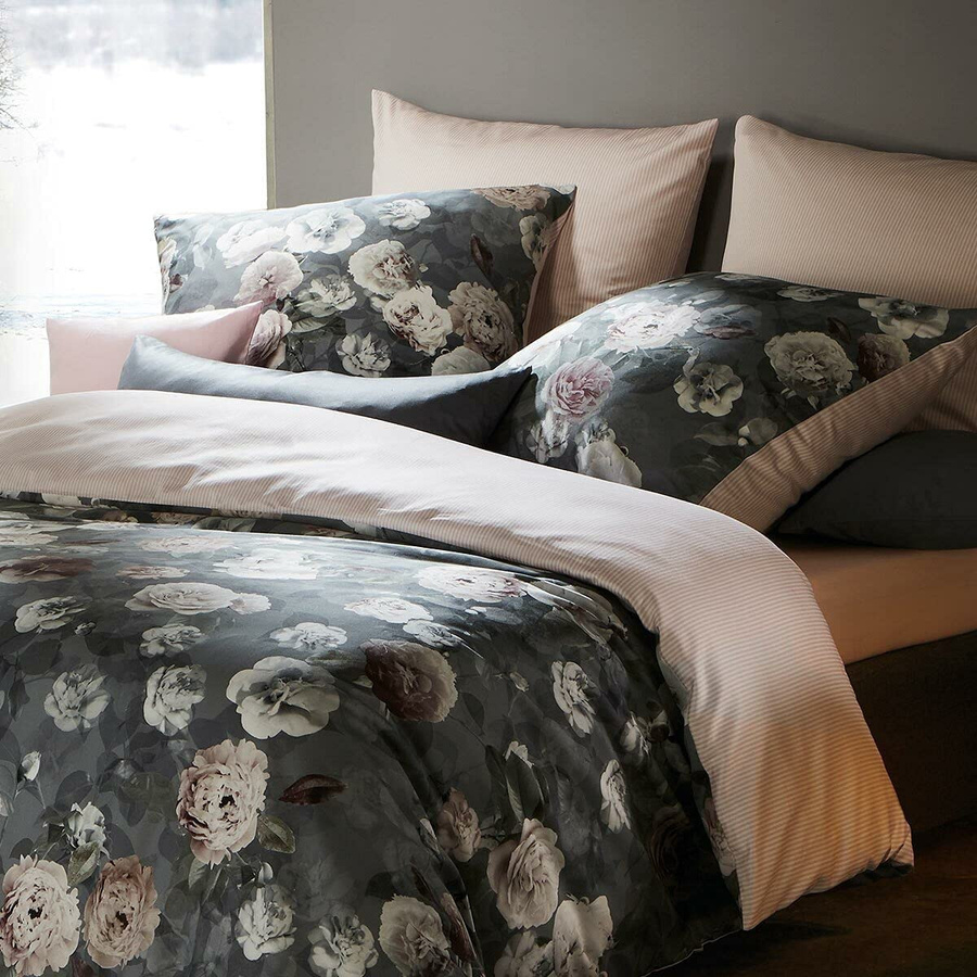 Fleuresse Mako-Satin Bettwäsche Rosen Blüten grau mystic Wende Design, Bettbezug 155 x 220 cm und Kissenbezug 80 x 80 cm - Bild 1