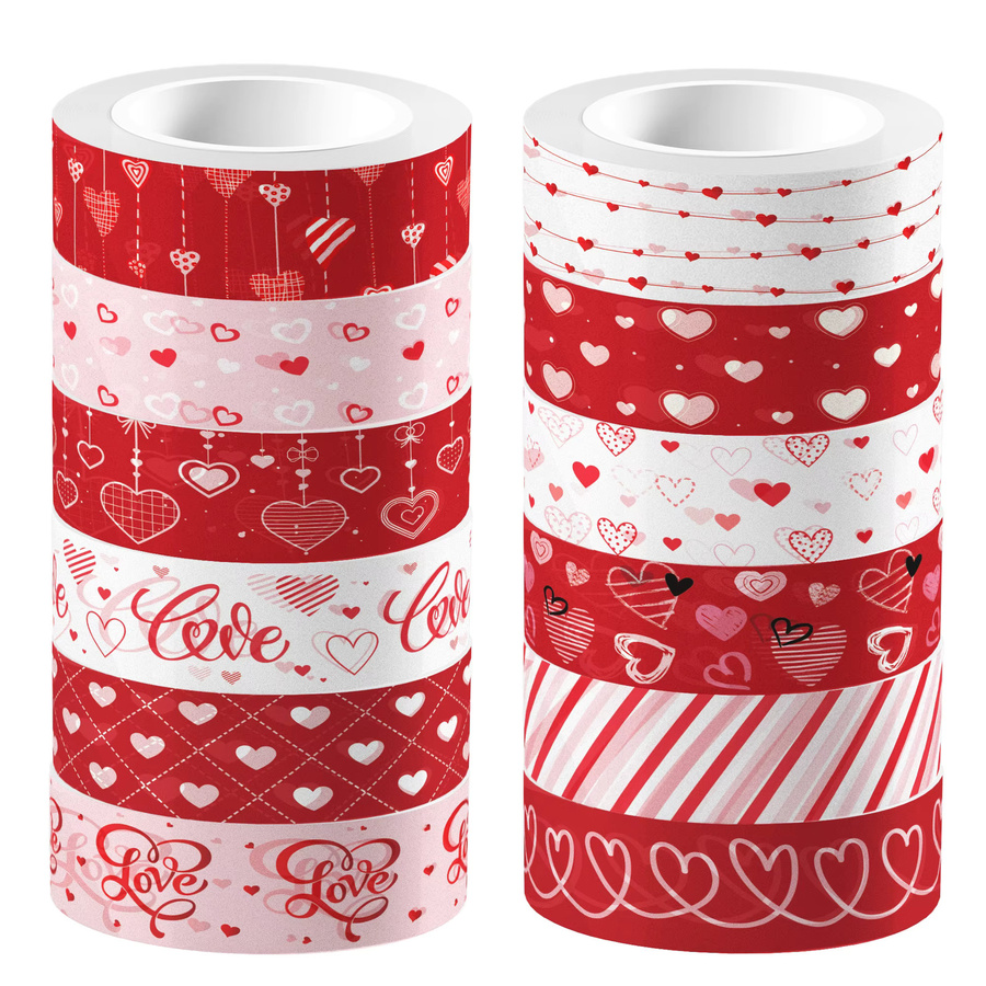 12er Set Washi Tape mit Love Heart Design in Rot für DIY-Handwerk, Scrapbooking und Geschenkverpackungen - Bild 3