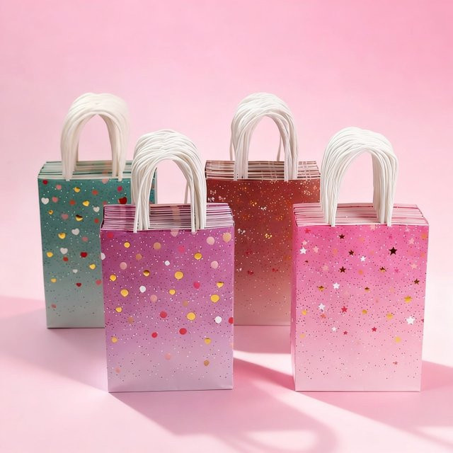 Bunte Kraftpapier-Geschenktüten mit Goldfolie-Motiven in Grün, Braun, Rosa und Lila für Ostern, Geburtstage und Partys - Bild 1