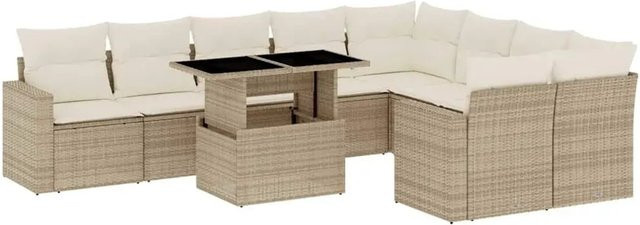 vidaXL 10-tlg. Garten-Sofagarnitur in L-Form aus Poly-Rattan mit Kissen in Beige-Creme - Bild 1