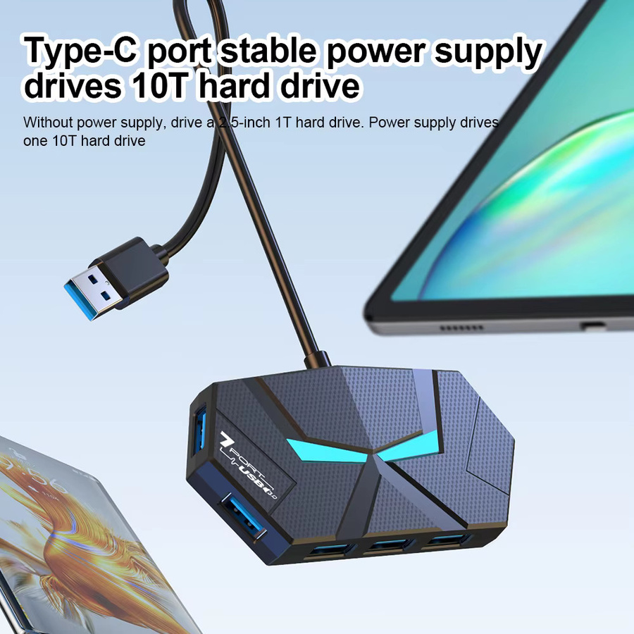 Kebidumei USB-C USB 3.0 Hub Docking Station mit 7 Ports, 5 Gbit/s High Speed Übertragung und PD Netzteil, Schwarz - Bild 4
