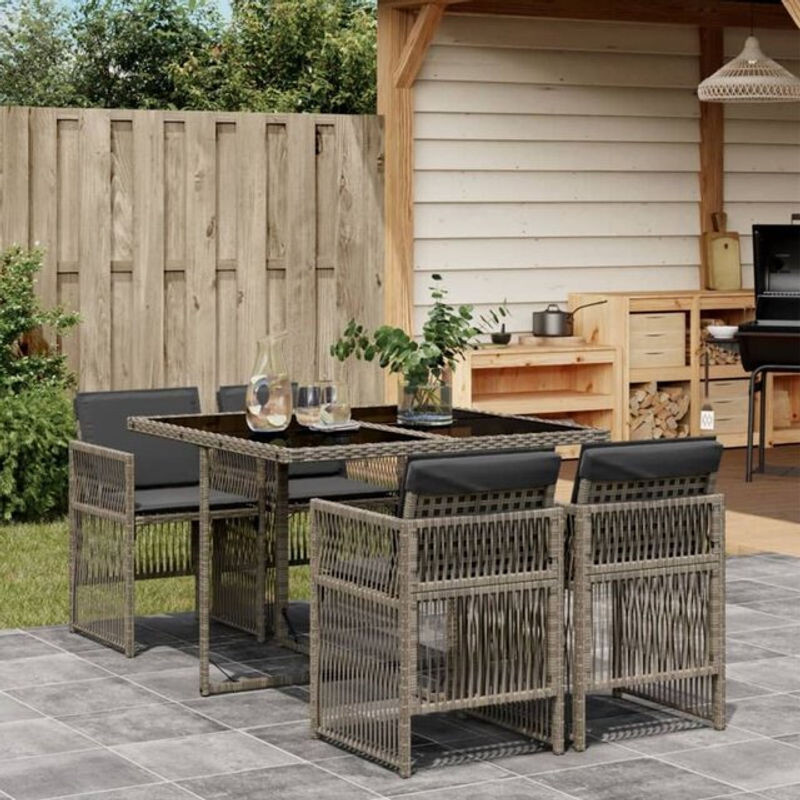 5-tlg. Garten-Essgruppe aus Polyrattan mit Kissen und Glasplatte in Grau von Vidaxl - Bild 1