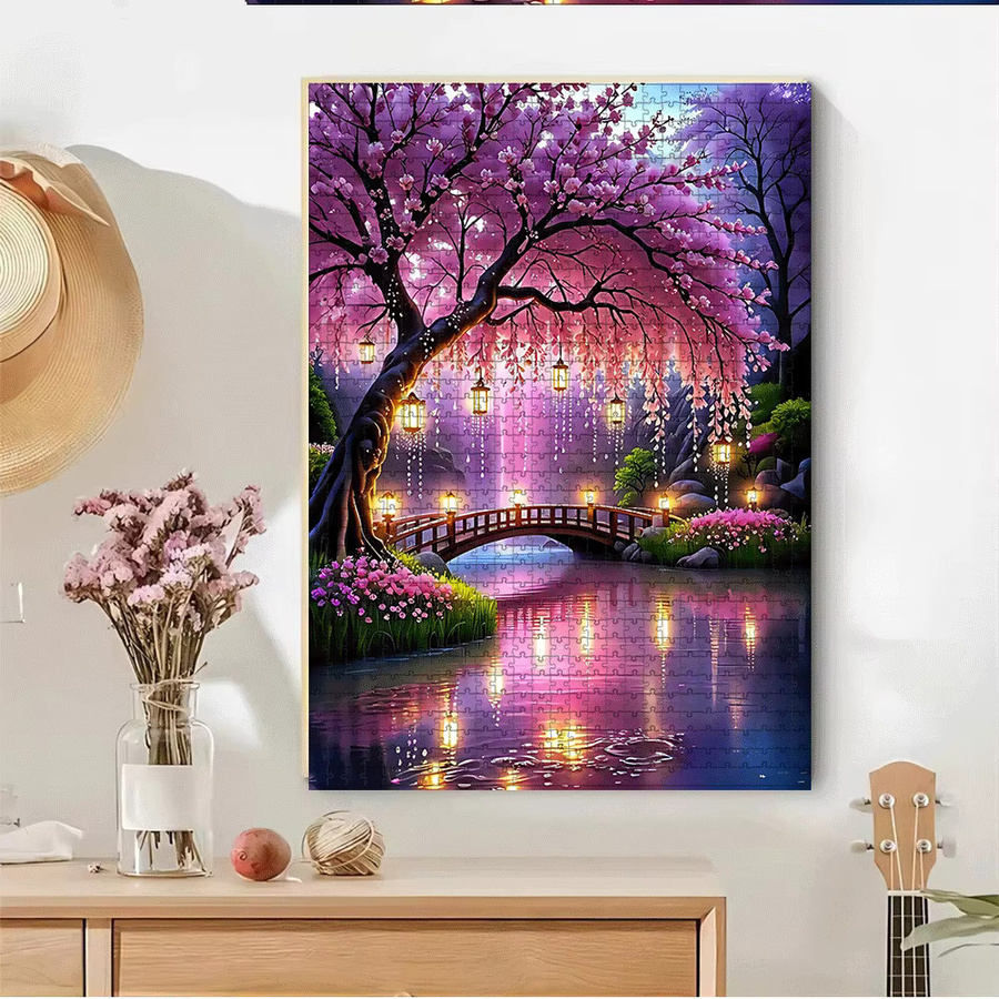 AZNM Kirschblütenbaum, Brücke und Laterne See Puzzle, 1000/500 Stück - Bild 2