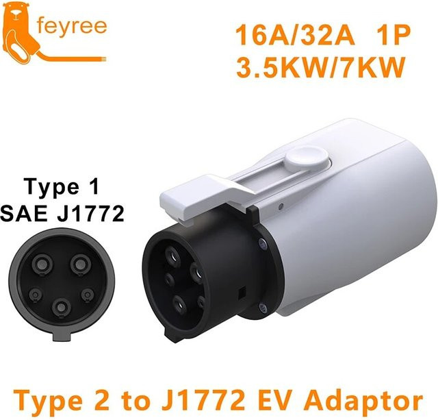 Feyree EV Ladegerät Adapter Typ2 auf Typ1 für Elektroautos, 32A 1-Phasen, max. 7 kW, Farbe: Weiß - Bild 1
