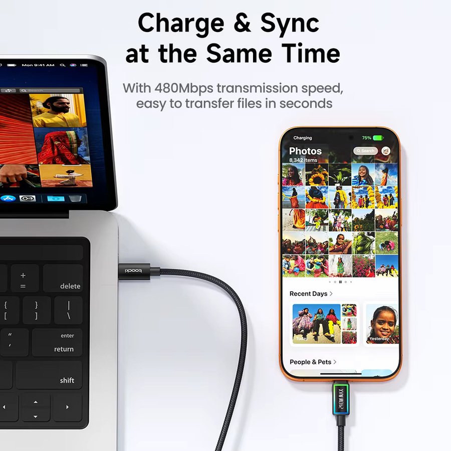 Toocki USB-C auf USB-C Schnellladekabel mit RGB-Beleuchtung, 240 W, 5 A, PD3.1 und QC4.0, Schwarz/Multicolor - Bild 5