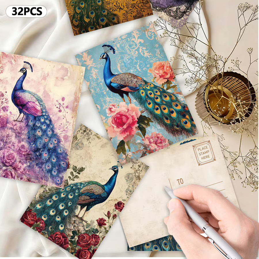 32 Stück Vintage-Postkarten mit Pfauen- und Blumenmotiven in Multicolour aus Papier - Bild 4