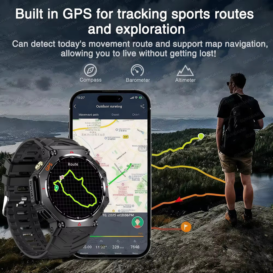 GUHUAVMI Militär Smartwatch für Männer mit GPS, AMOLED HD Display, Bluetooth Anruffunktion und Taschenlampe, wasserdicht 10ATM IP69K, Farbe: Schwarz - Bild 2