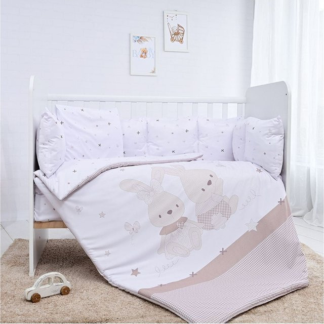 Lorelli Babybettwäsche-Set 5-tlg. aus 100% Baumwolle in Beige-Weiß mit Steppdecke, Kopfkissen, Laken und Nestchen - Bild 1