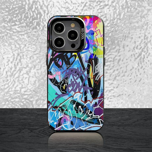 Stoßfeste Handyhülle mart35 mit buntem Graffiti-Design in Schwarz für iPhone 11 bis iPhone 16 Pro Max und SE - Bild 1