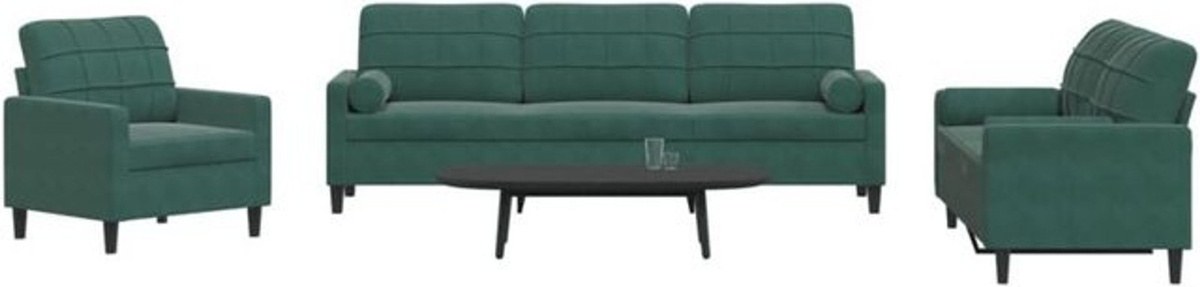 Vidaxl 3-tlg. Sofagarnitur Modern aus Samt mit Kissen und Nackenrollen in Dunkelgrün mit Metallgestell - Bild 1