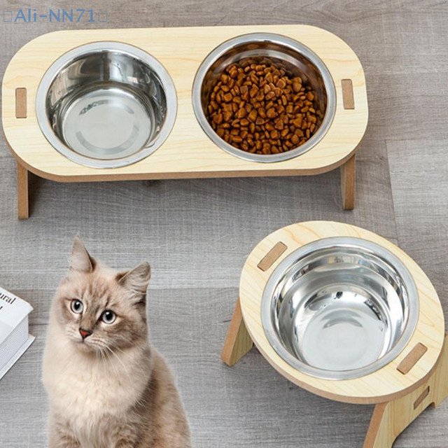 JETTING 2-in-1 Futternäpfe für Katzen und Hunde mit Edelstahl-Kippschalen und Holzstützen in Silber - Bild 1
