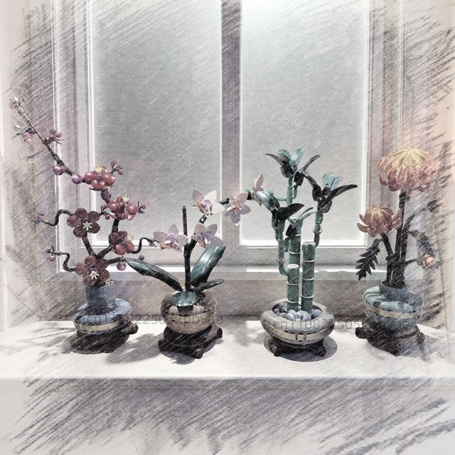 GSF DIY Blumenbaustein-Set Blumenstrauß mit Orchidee, Bambus, Chrysantheme und Pflaumenblüte in Orange - Bild 1