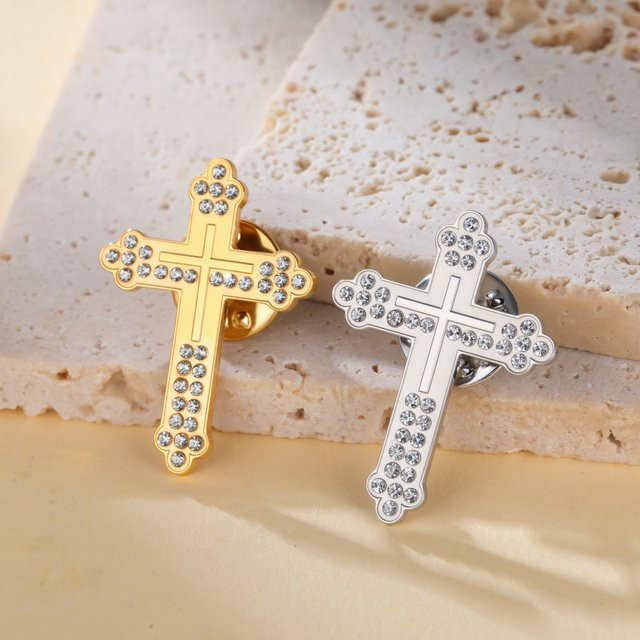 Cazador Brosche Kreuz, Edelstahl, Zirkonia, Gold, Unisex - Bild 1