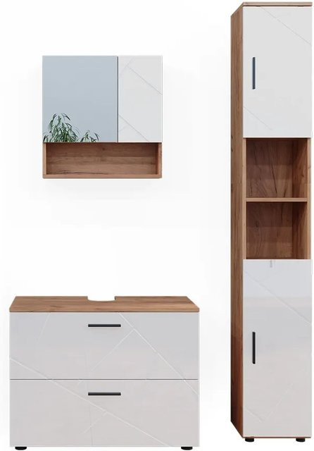 Vicco Badmöbelset Irma in Eiche und Weiß Hochglanz, modernes 3-teiliges Badezimmer-Set - Bild 2