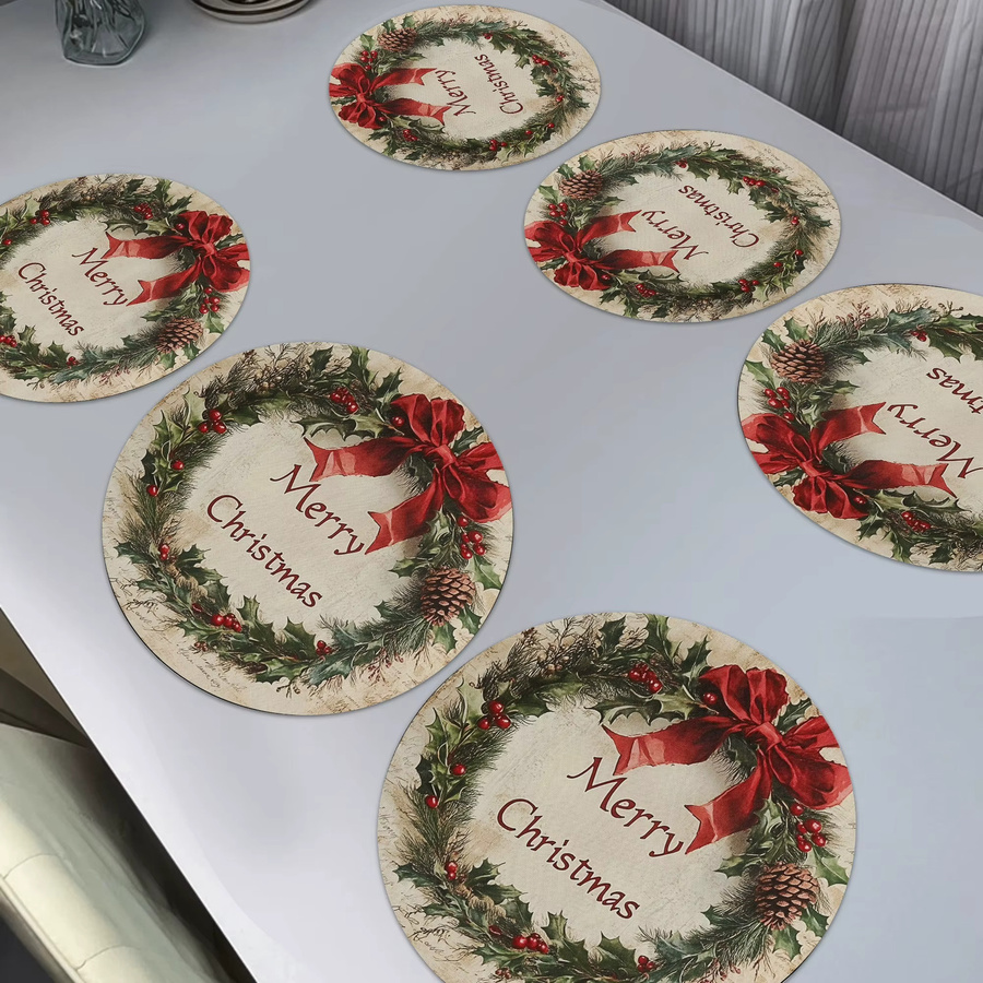 VIKAMA 6er Set Weihnachtsmahlzeitmatten mit Weihnachtskranz-Design, Rot und Mehrfarbig, Rund, Durchmesser: 38 cm - Bild 2