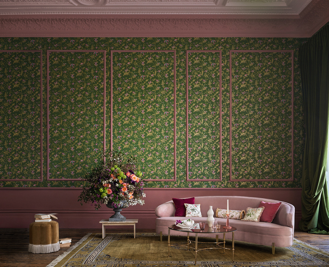 Cole & Son Tapete Hummingbirds mit floralem Motiv in Fuchsia und Racing Green, Vlies-Tapete im Vintage-Stil - Bild 1