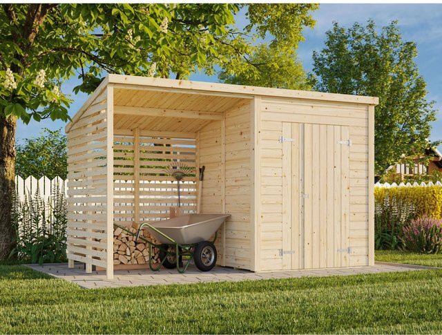 Palmako Gerätehaus Leif aus Fichtenholz in Braun mit Pultdach und Vordach, B/T/H: 370 x 170 x 228 cm - Bild 1