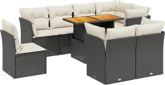 vidaXL 9-teilige Garten-Sofagarnitur in L-Form aus Poly-Rattan und Akazienholz mit Kissen in Schwarz-Creme - Bild 1