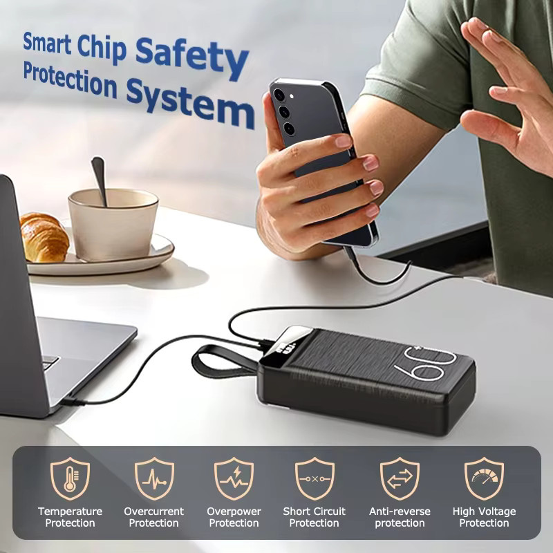 Hganus PowerBank mit 60000mAh Kapazität, 22,5W Schnellladung QC PD3.0, USB-C-Anschluss und Taschenlampe, Schwarz - Bild 5