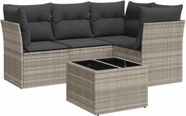 vidaXL 5-teilige Garten-Sofagarnitur in L-Form aus Polyrattan mit Kissen, Hellgrau - Bild 1