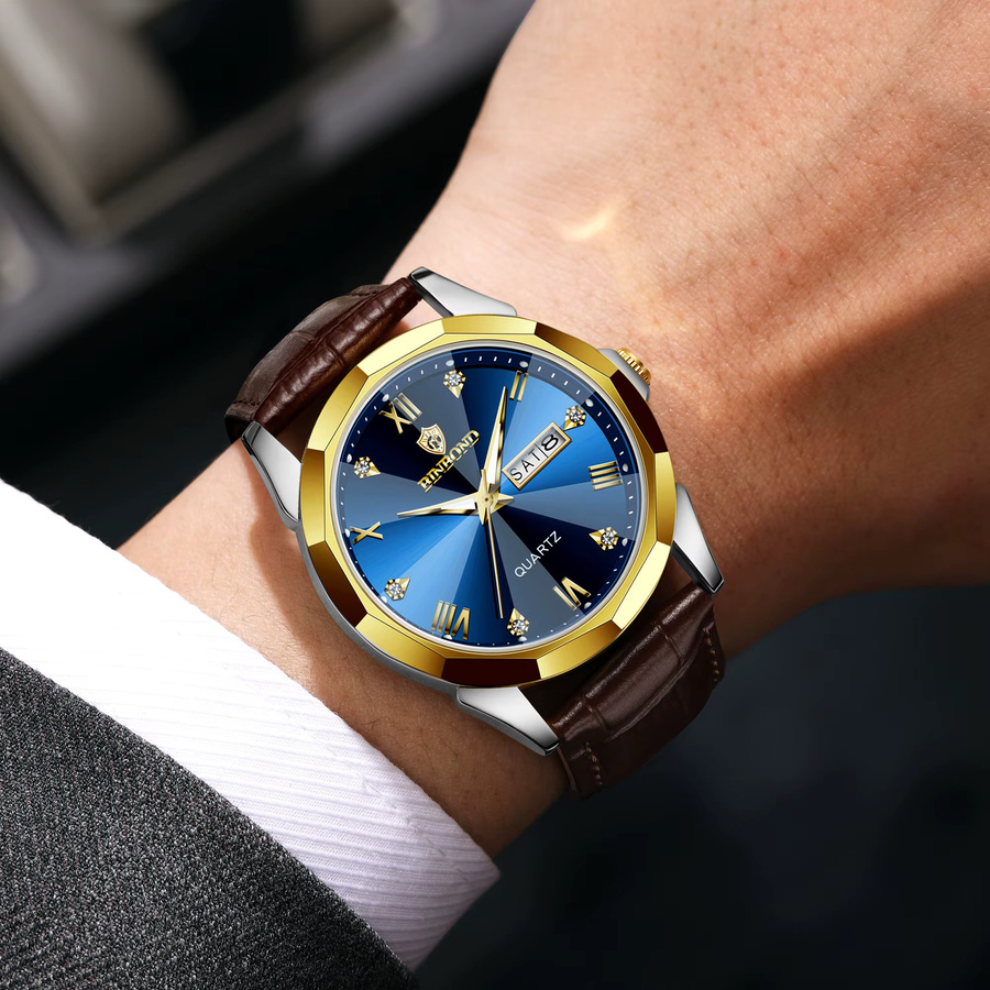 BINBOND Armbanduhr, Quarz, Leder, Blau, Herren - Bild 3